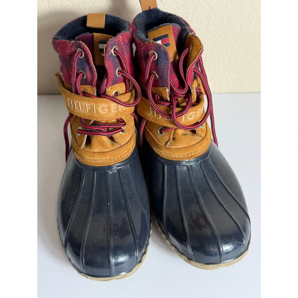 Tommy Hilfiger Mens TWHUSKI-R Duck Boots Navy Tan Red Plaid Faux Fur Lined 10M
